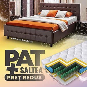 Pat Ambianta Rio 1.6 m Sonoma Inchis + Saltea Salt Confort Clasic 160x200, tapitat, de 2 persoane