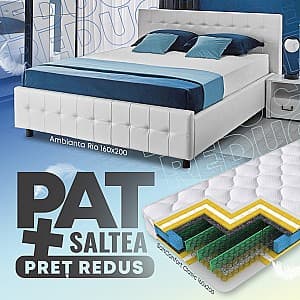 Pat Ambianta Rio 1.6 m Alb + Saltea Salt Confort Clasic 160x200, tapitat, pentru 2 persoane