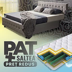 Pat Ambianta Rio 1.6 m Grafit + Saltea Salt Confort Clasic 160x200, tapițat, de 2 persoane