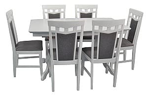 Set de masa cu scaune Evelin HV-32V White + 6 scaune DEPPA R (White, NV-10WP Grey )