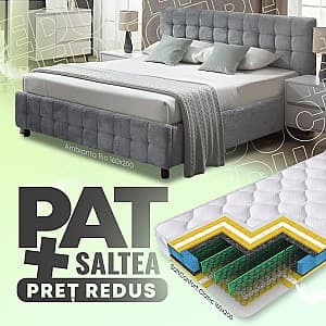 Pat Ambianta Rio 1.6 m Alb + Saltea Salt Confort Clasic 160x200, tapitat, pentru 2 persoane