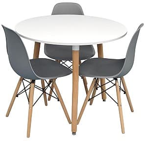 Set de masa cu scaune Evelin DT 404-1 WO (Alb / Lemn) + 3 scaune LC-021 Grey (Gri)