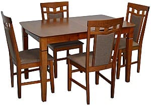 Set de masa cu scaune Evelin HV-27V Burnish Oak + 4 scaune Deepa R Burnish Oak / Ekea12 Dark Brown