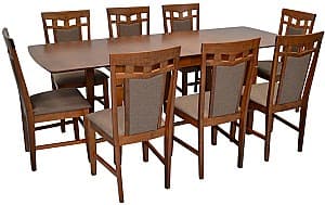 Set de masa cu scaune Evelin HV-27V Burnish Oak + 8 scaune Deepa R Burnish Oak / Ekea12 Dark Brown