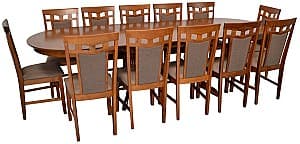 Set de masa cu scaune Evelin HV-33V Burnish Oak + 12 scaune Deepa R Burnish Oak / Ekea12 Dark Brown