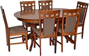 Set de masa cu scaune Evelin HV-33V Burnish Oak + 6 scaune Deepa R Burnish Oak / Ekea12 Dark Brown