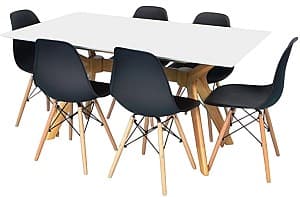 Набор стол и стулья Evelin Raffles Rectangular White / Bella Beech + 6 стульев LC-021 Black