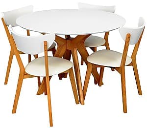 Set de masa cu scaune Evelin Raffles Round White / Bella Beech + 4 scaune CAMEROON White / Bella Beech