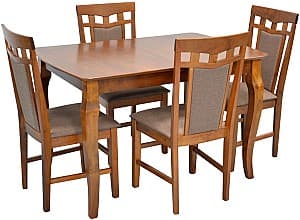 Set de masa cu scaune Evelin HV-29V Burnish Oak + 4 scaune Deepa R Burnish Oak / Ekea12 Dark Brown