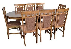 Set de masa cu scaune Evelin HV-31N Burnish Oak + 8 scaune Deepa R Burnish Oak / F-789 (Maro)